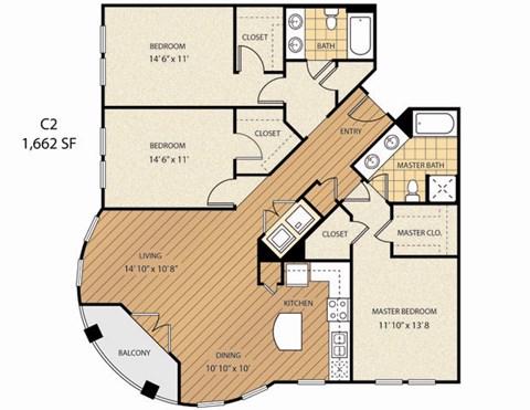 a floor plan of a residence with bedrooms and a living room